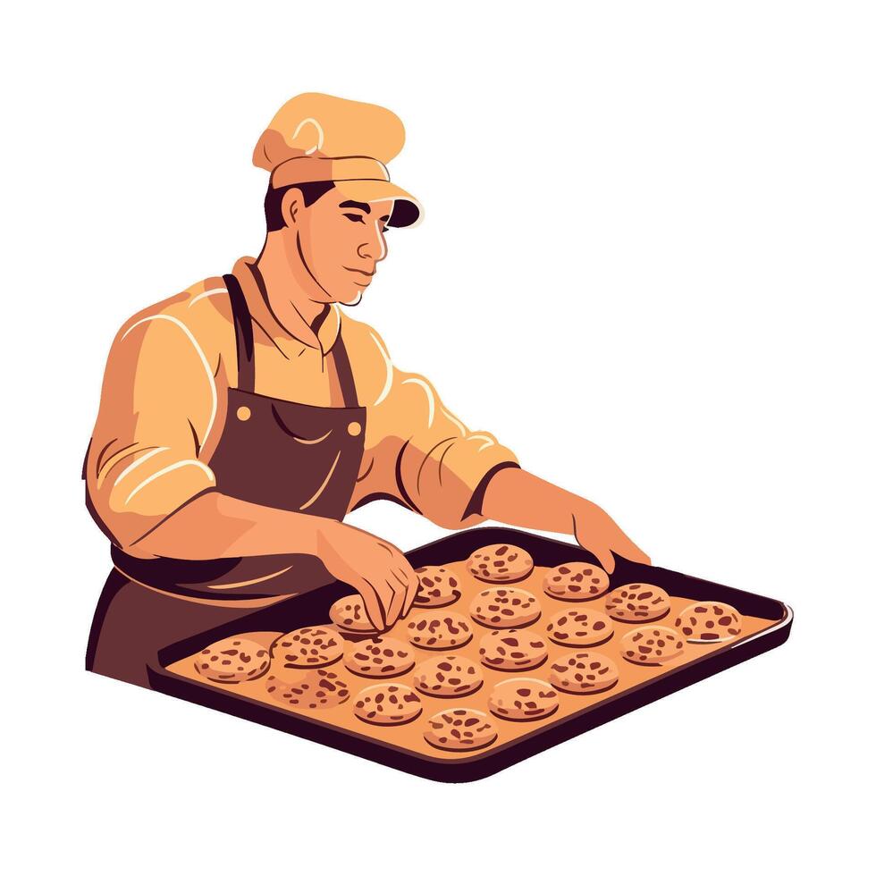 Smiling chef holding baked biscuits in kitchen icon isolated vector