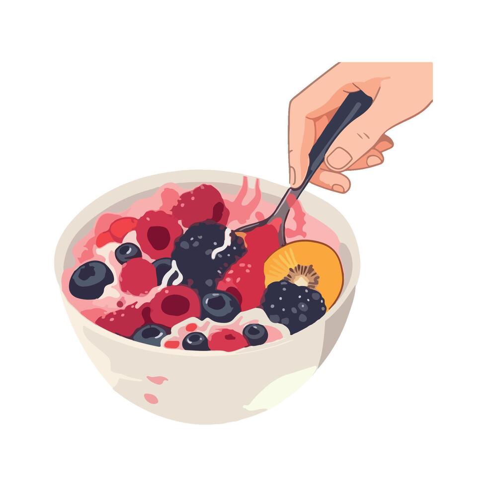 Hand holding bowl of fresh blueberry yogurt icon isolated vector