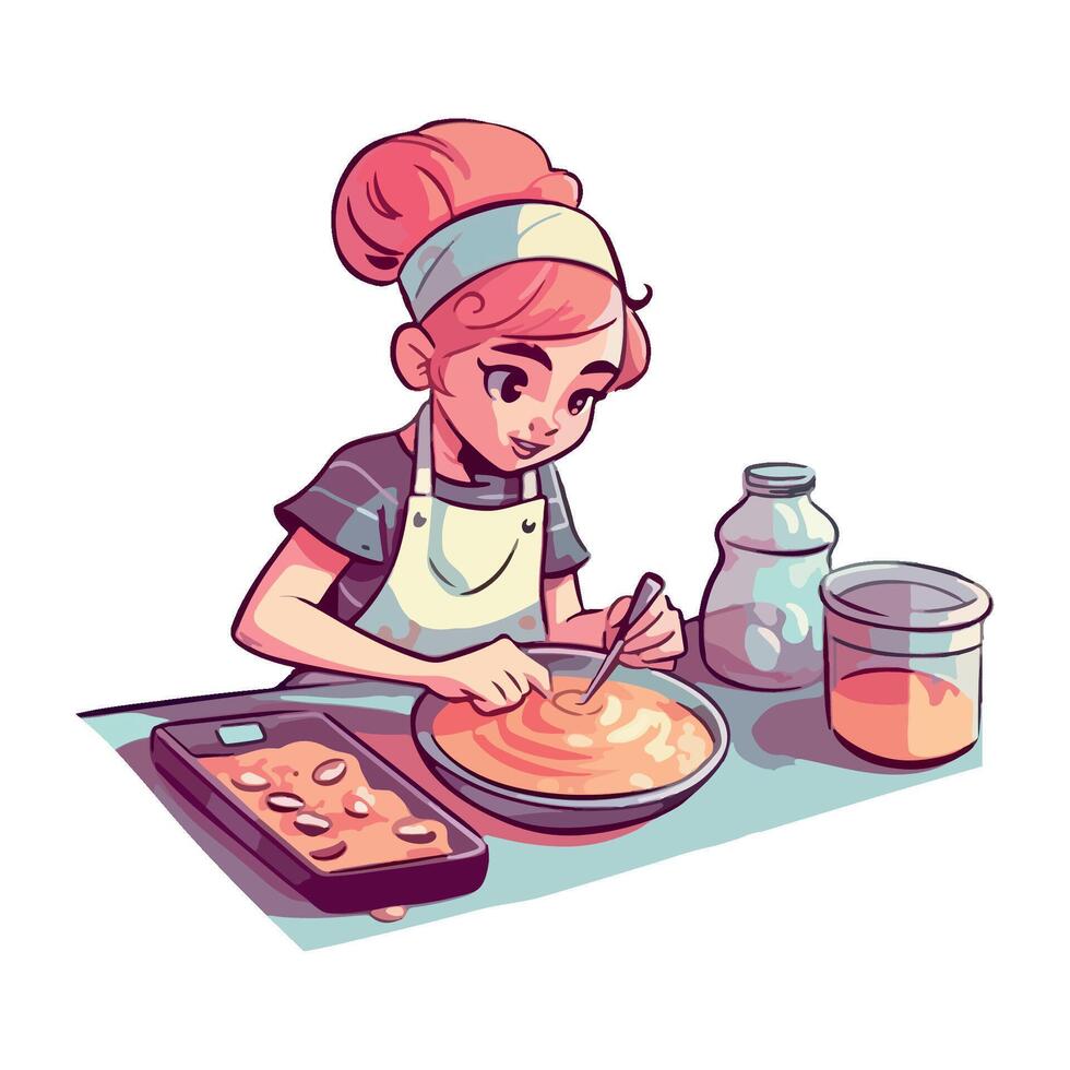 Chef girl rolls dough for homemade cookies icon isolated vector