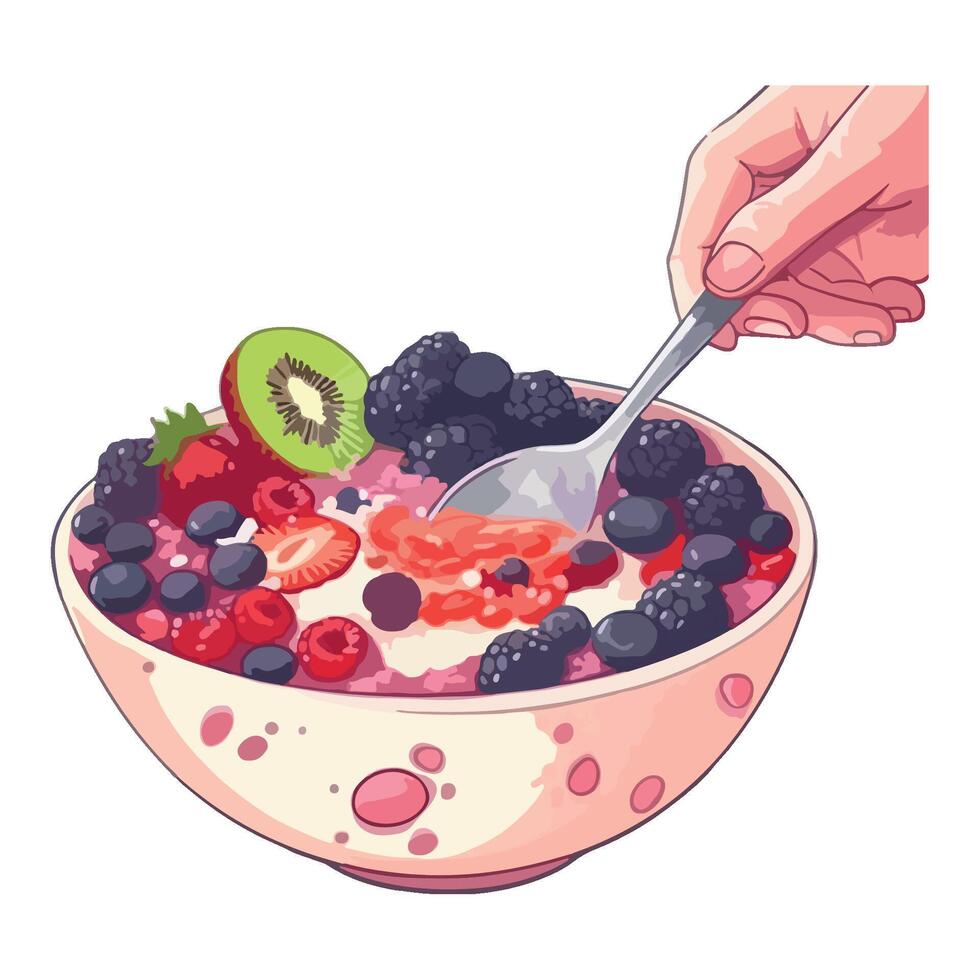 Hand holding bowl of fresh organic berries icon isolated vector
