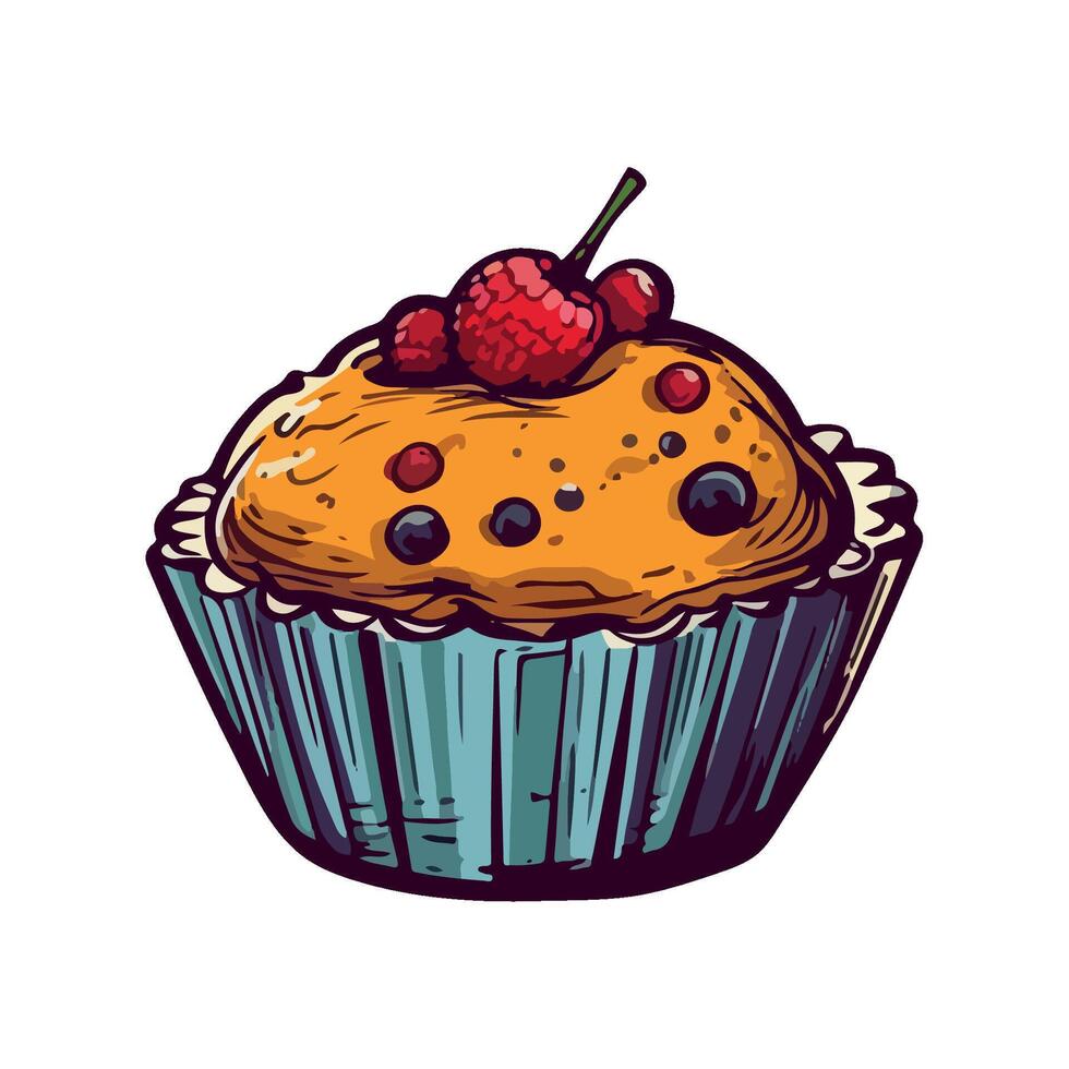 Hand drawn gourmet cupcake with fruity decorations icon isolated vector