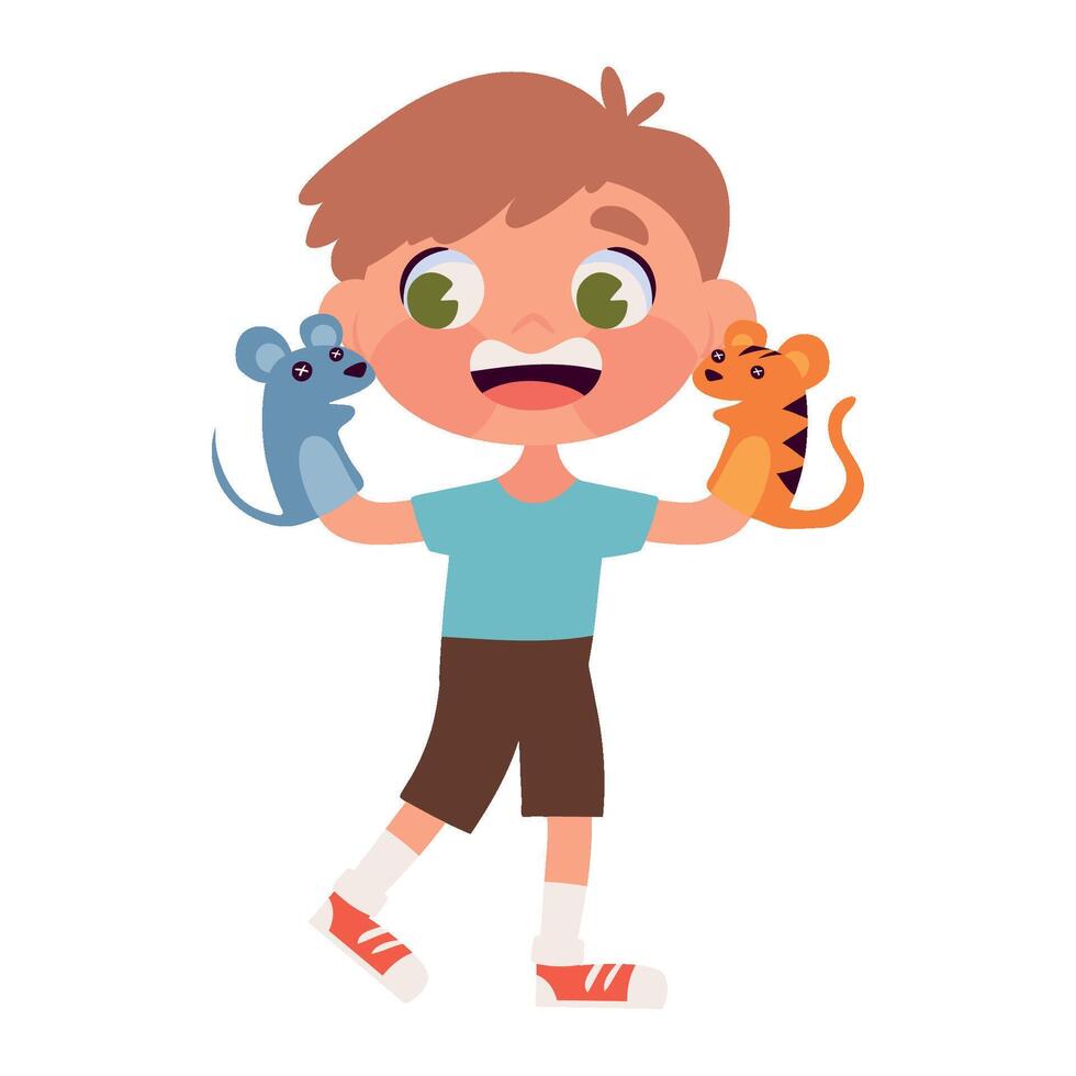 boy playing with puppets icon isolated white background vector