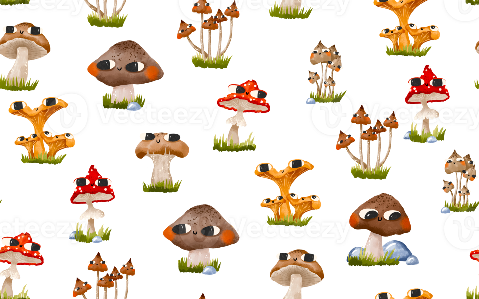 Seamless pattern with mushrooms. Mycelium of red fly agaric mushrooms, toadstools and chanterelles. Cute hand drawn cartoon illustration on isolated background. Endless background png