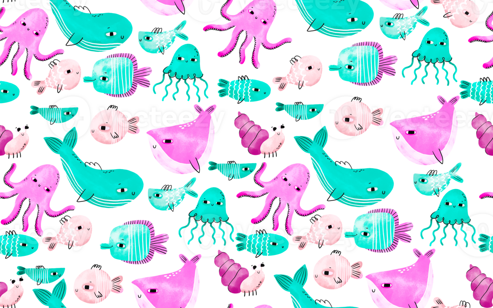 Seamless pattern with fish and jellyfish. The underwater world of Oceania. At the bottom of the ocean. Marine theme. Cartoon hand drawn background for children png