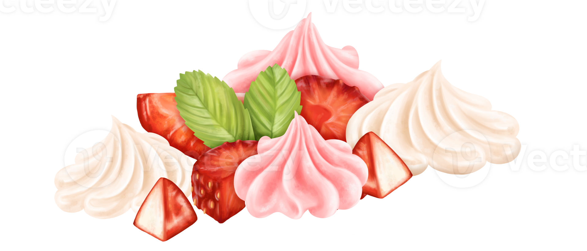 The composition of whipped cream, strawberry slices. Berry decor for birthday, party, festive table. Topping for cakes, cupcakes, ice cream. Confectionery sweets. Digital isolated illustration png