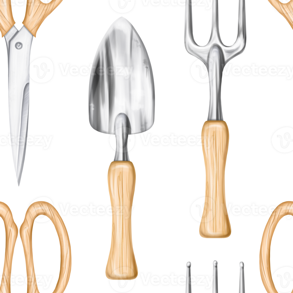 Seamless pattern of garden tools shovel, rake and scissors. Tools for the florist to work with plants and soil in greenhouses and outdoors. Harvesting on the farm. Digital isolated illustration png