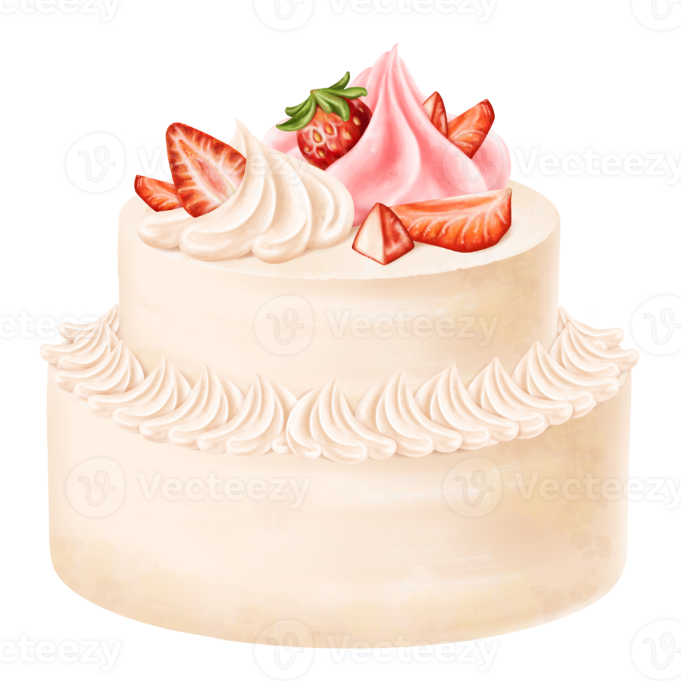 A festive two-tiered sponge cake decorated with cream flowers and fresh strawberries. Pastry dessert with whipped cream for birthday, home parties. A sweet berry gift. Digital isolated illustration png