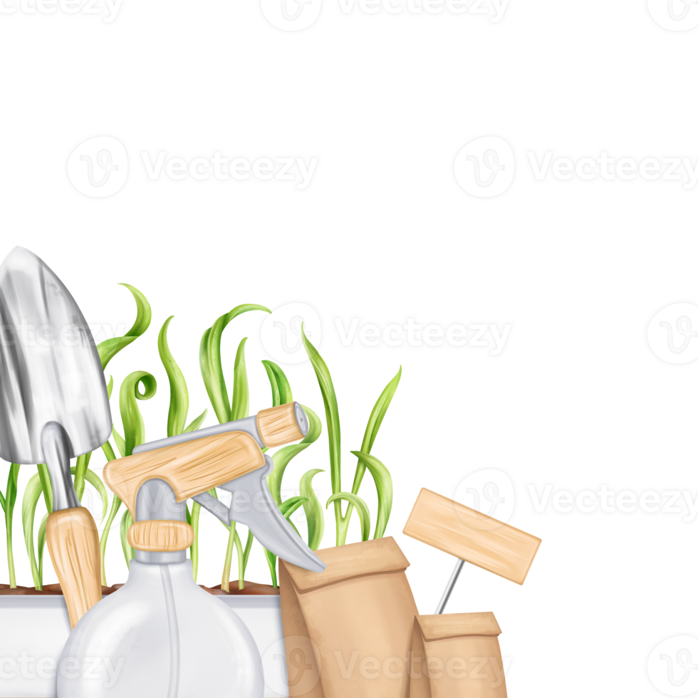 A border of tools a rake, a shovel, a sprayer, seeds, boxes of greens. Equipment for gardens, greenhouses and florists. Agriculture, cultivation of plants and flowers. Digital isolated illustration png