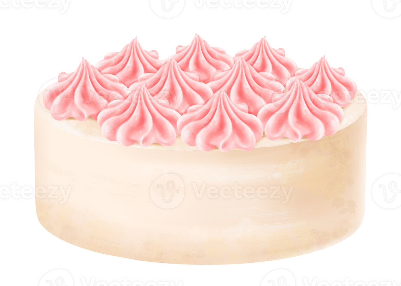 Homemade sponge cake decorated with cream flowers. Pastry with pink whipped cream. A festive cupcake from the bakery. For menus, invitations, packages. Digital isolated illustration png