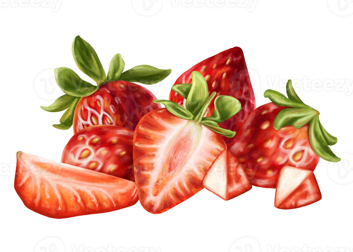 A composition of ripe strawberry slices. Juicy red berry for desserts, decorations and snacks. Garden organic harvest. Topping for cakes, ice cream, pies, cocktails. Digital isolated illustration png