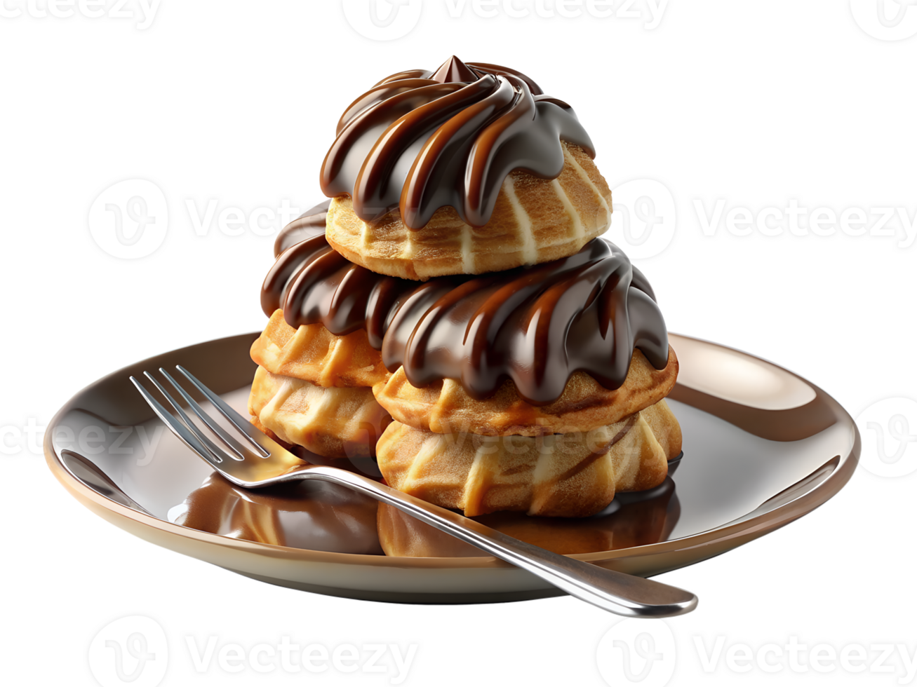 A stack of profiteroles filled with cream and drizzled with chocolate, set on a white plate with a fork, isolated on background png