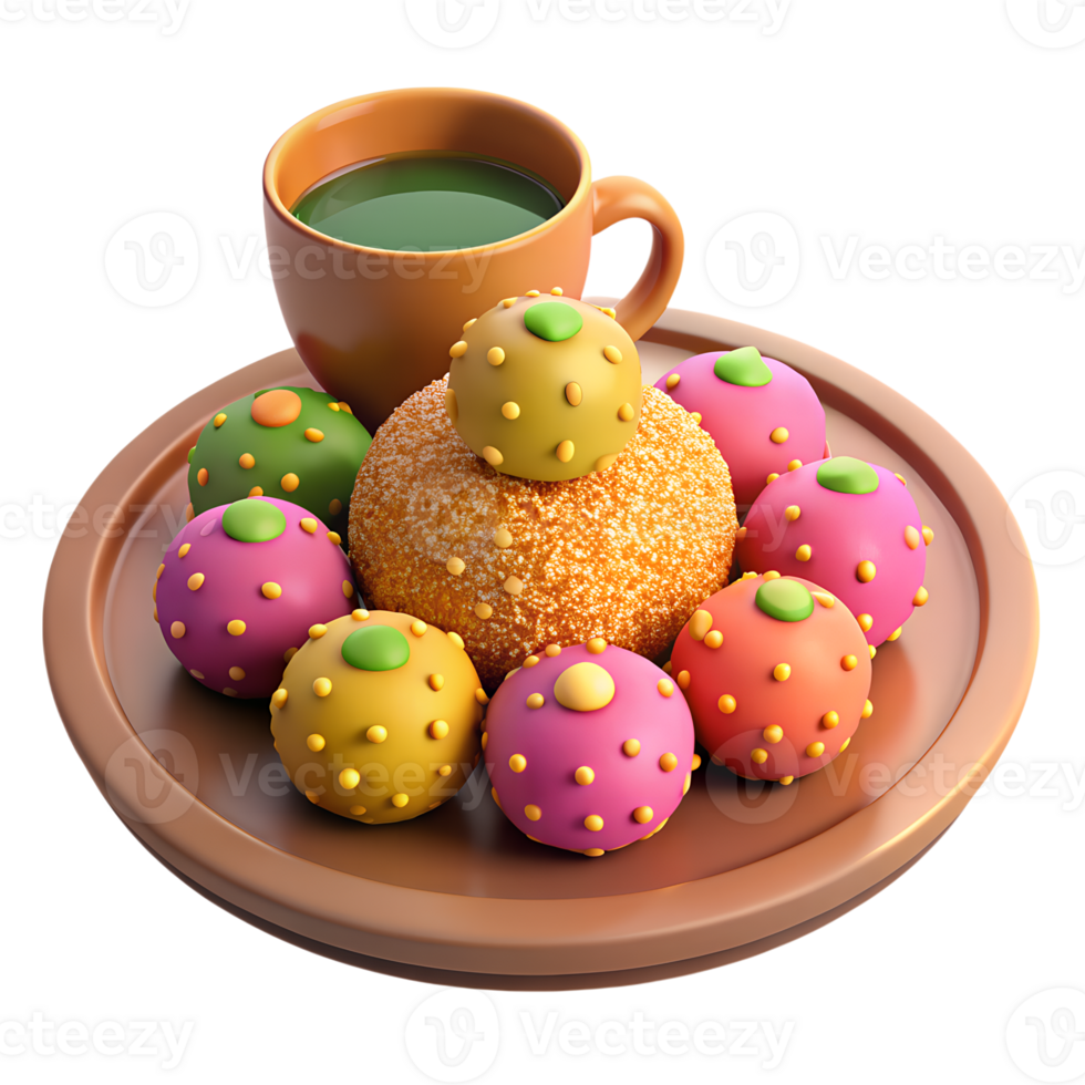 3d render of a plate of colorful ladoos garnished with chopped nuts, set on a decorative plate with a cup of chai png