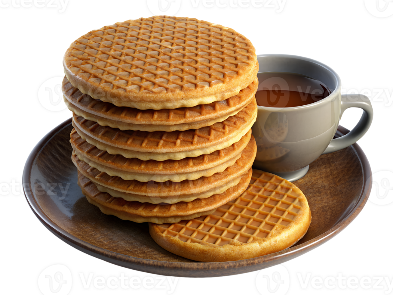 A stack of stroopwafels with syrup oozing out, set on a rustic plate with a cup of coffee png