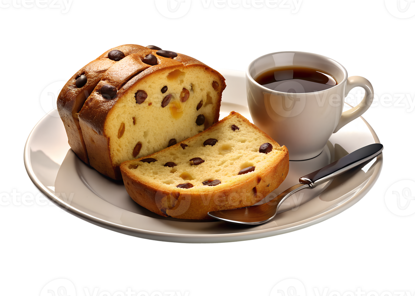 A slice of panettone with dried fruits, set on a white plate with a fork and a cup of coffee png