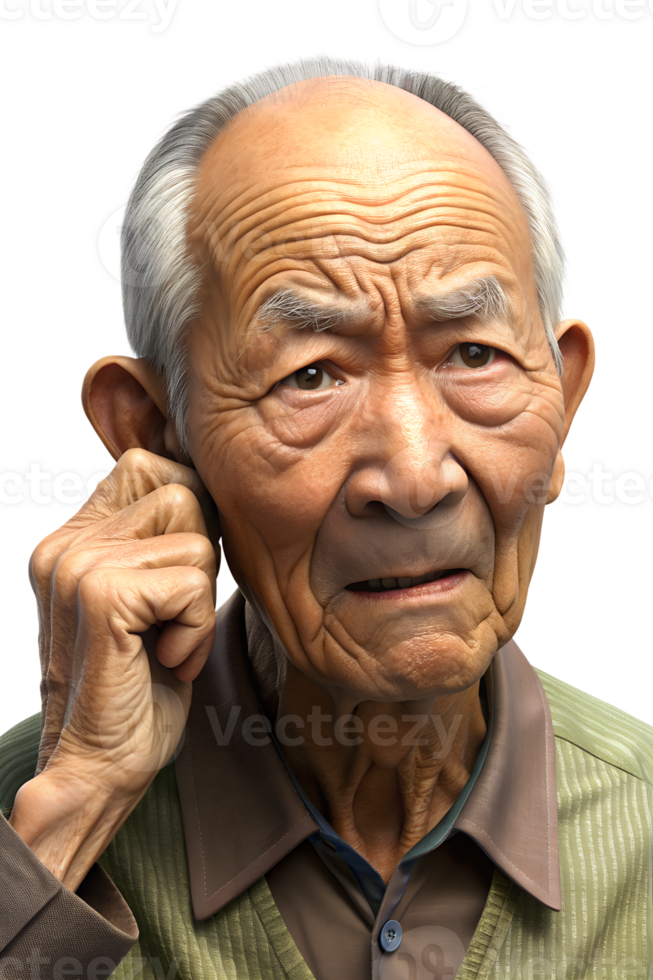An elderly man with white hair touched his ears because she could not hear png