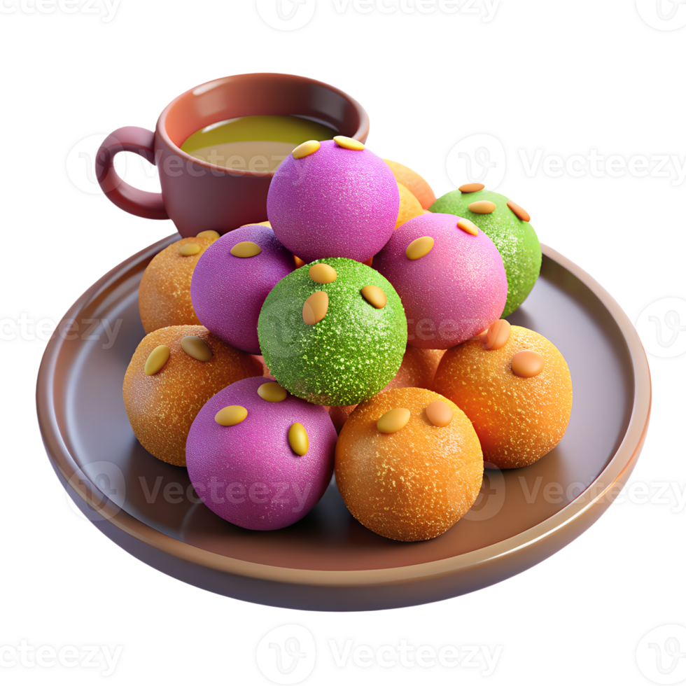 3d render of a plate of colorful ladoos garnished with chopped nuts, set on a decorative plate with a cup of chai png