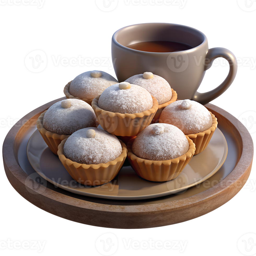 3D of Mini mince pies dusted with powdered sugar, set on a rustic plate with a cup of hot tea png