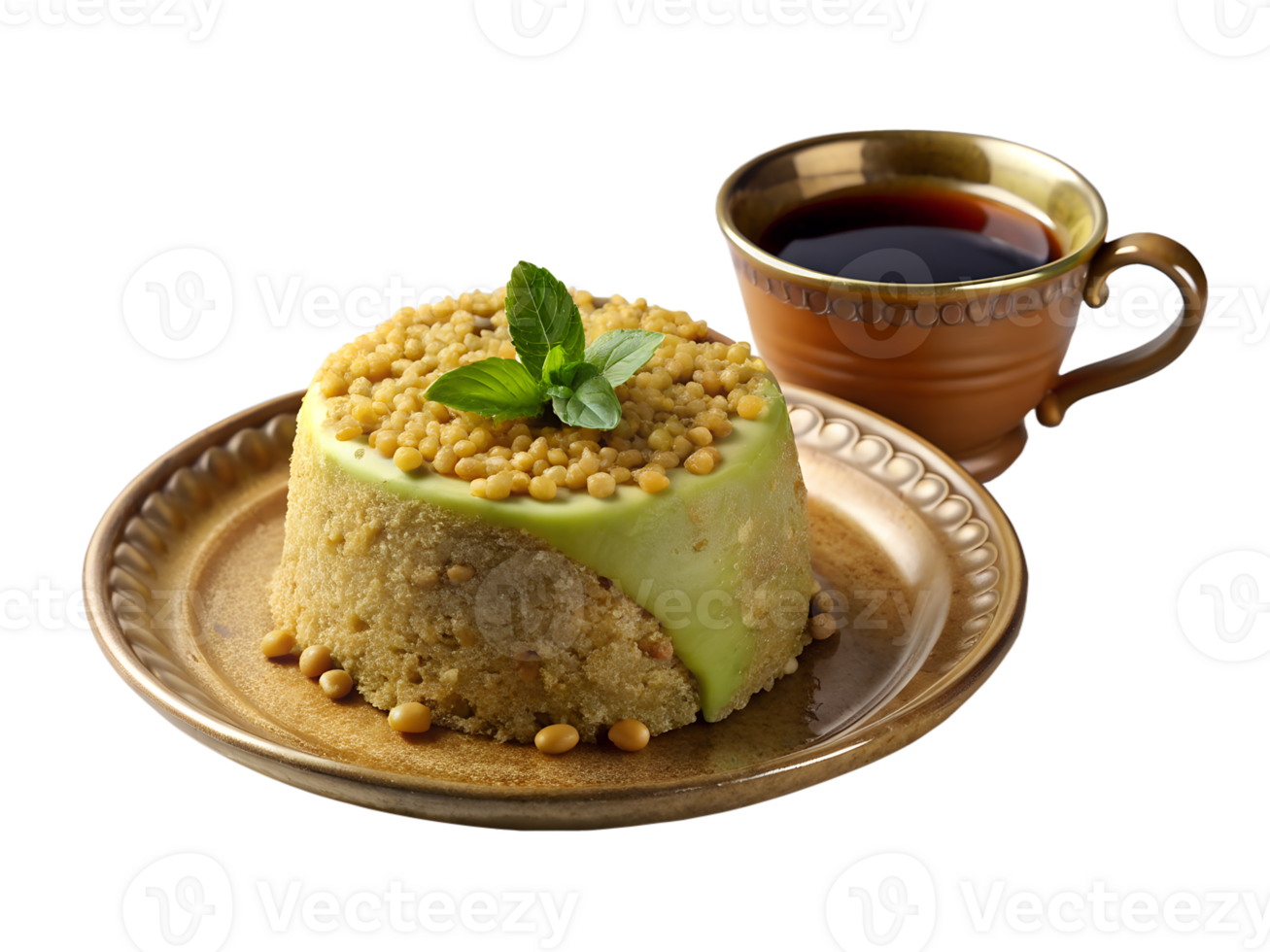3d of A portion of tahini halva garnished with pistachios, set on a decorative plate with a cup of Turkish coffee png
