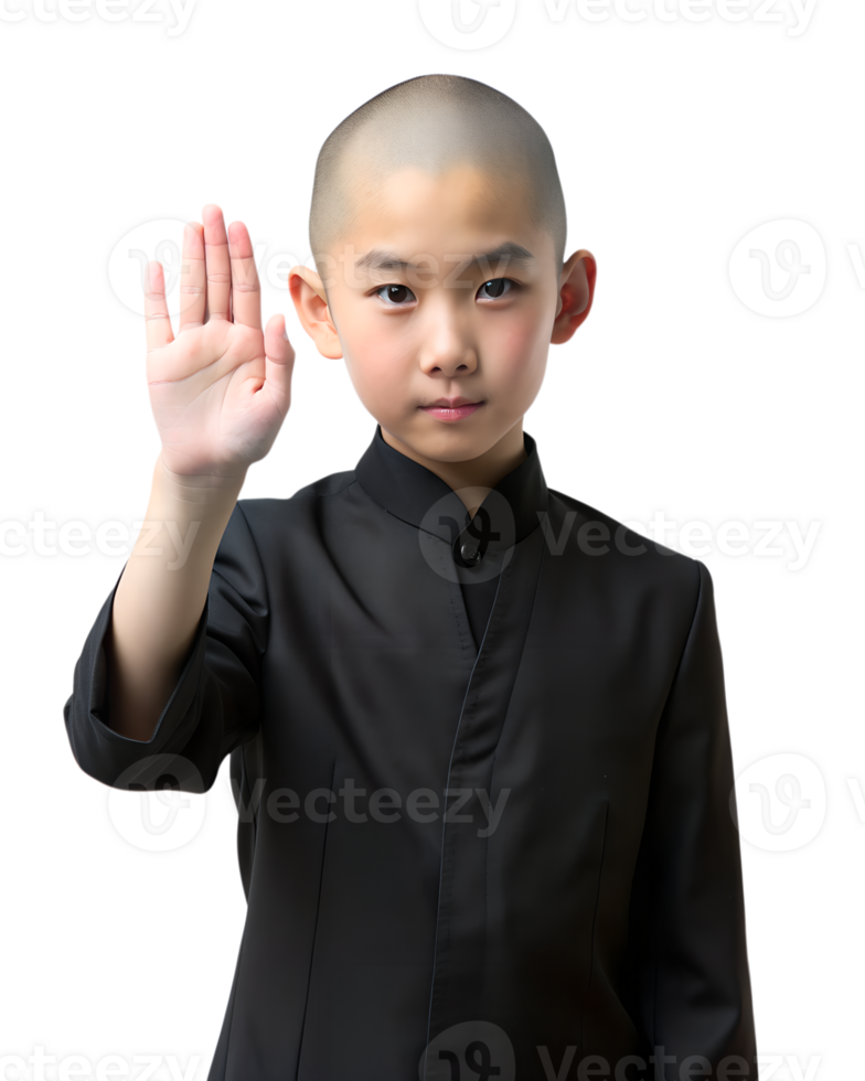 A bald-headed boy dressed in a dignified manner, in a sleek black dress gracefully raises her hand in a gentle yet firm stop gesture png