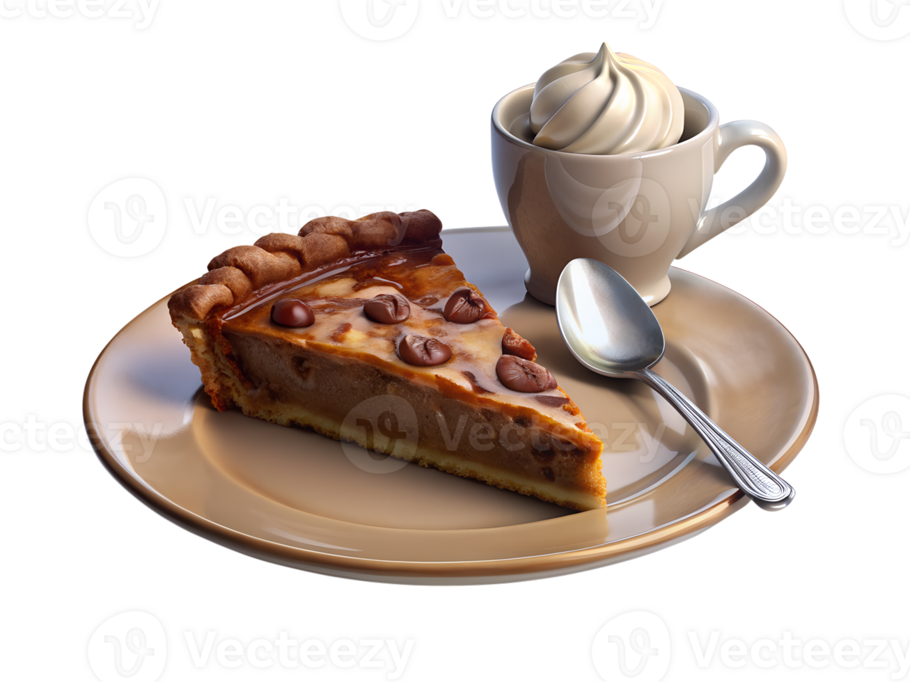 3d render style, A slice of pecan pie with a scoop of vanilla ice cream, set on a white plate with a fork and a cup of coffee png