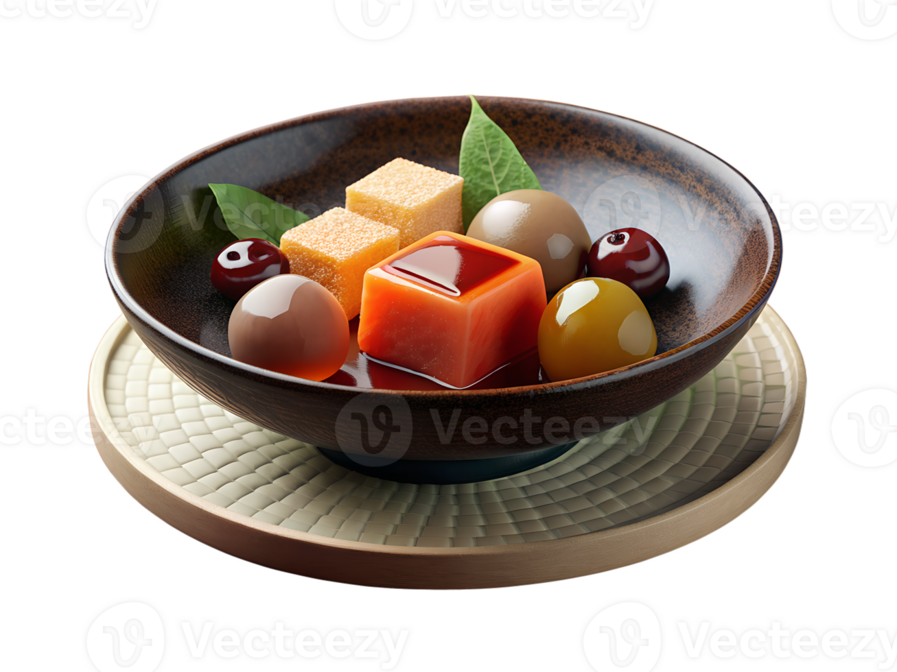 Japanese Anmitsu A bowl of anmitsu with agar cubes, fruit, and red bean paste, set on a ceramic plate, under soft, natural light, isolated on background png