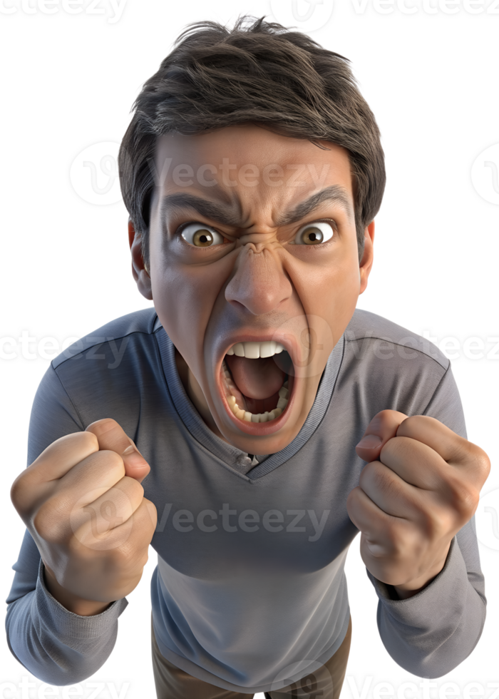 a person yelling, with their mouth open wide, eyebrows furrowed, and fists clenched, capturing the intensity of anger png