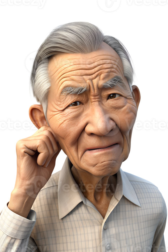 An elderly man with white hair touched his ears because she could not hear png
