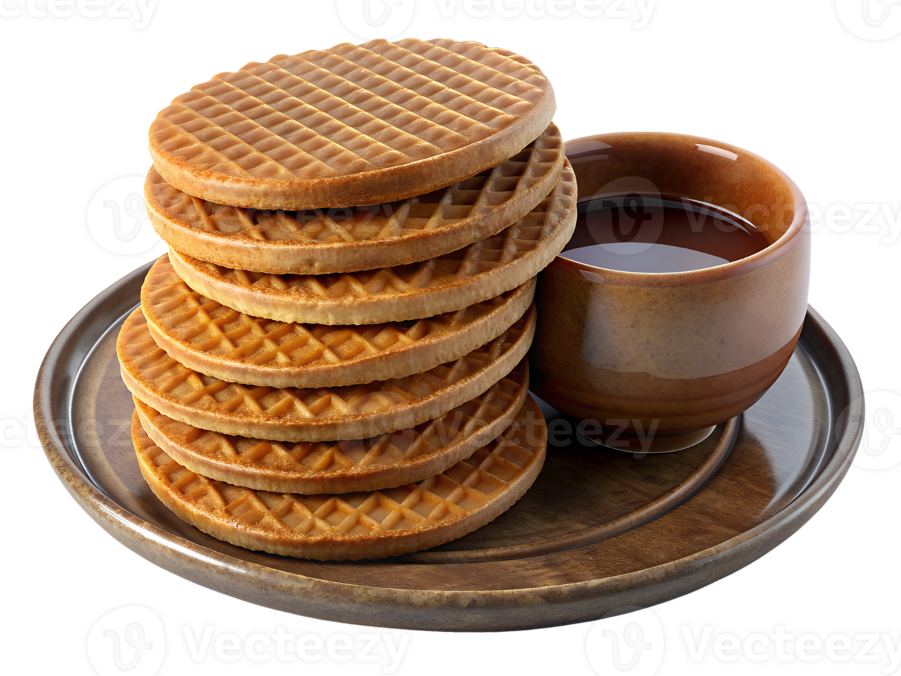 A stack of stroopwafels with syrup oozing out, set on a rustic plate with a cup of coffee png