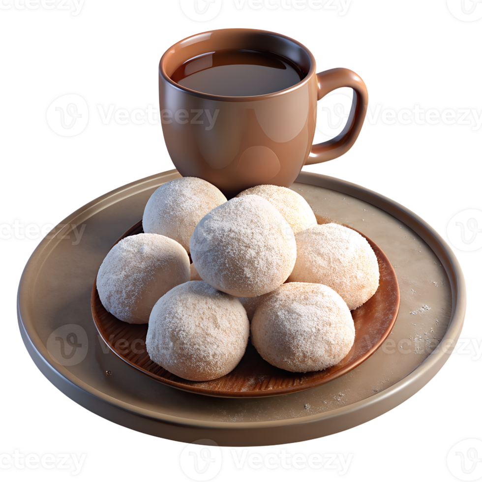 3d render of Shortbread cookies dusted with powdered sugar, set on a rustic plate with a cup of hot chocolate png