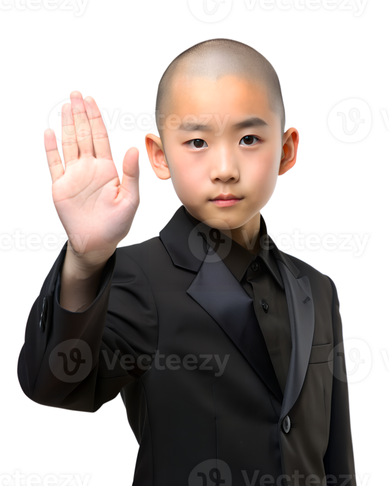 A bald-headed boy dressed in a dignified manner, in a sleek black dress gracefully raises her hand in a gentle yet firm stop gesture png
