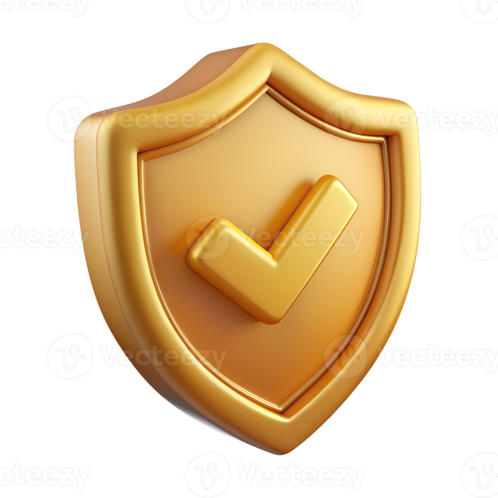 3D golden shield icon isolated on transparent background png