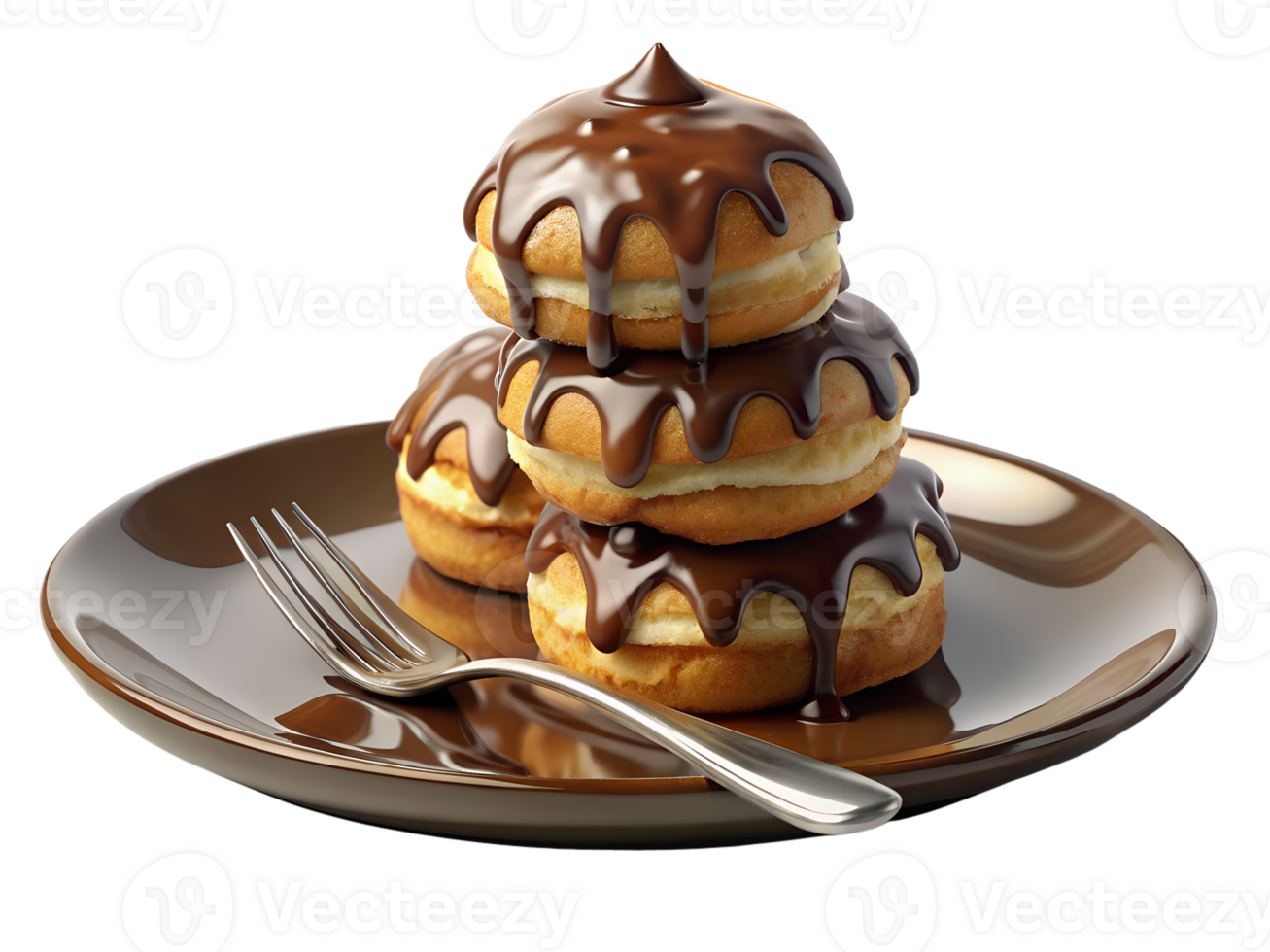 A stack of profiteroles filled with cream and drizzled with chocolate, set on a white plate with a fork, isolated on background png
