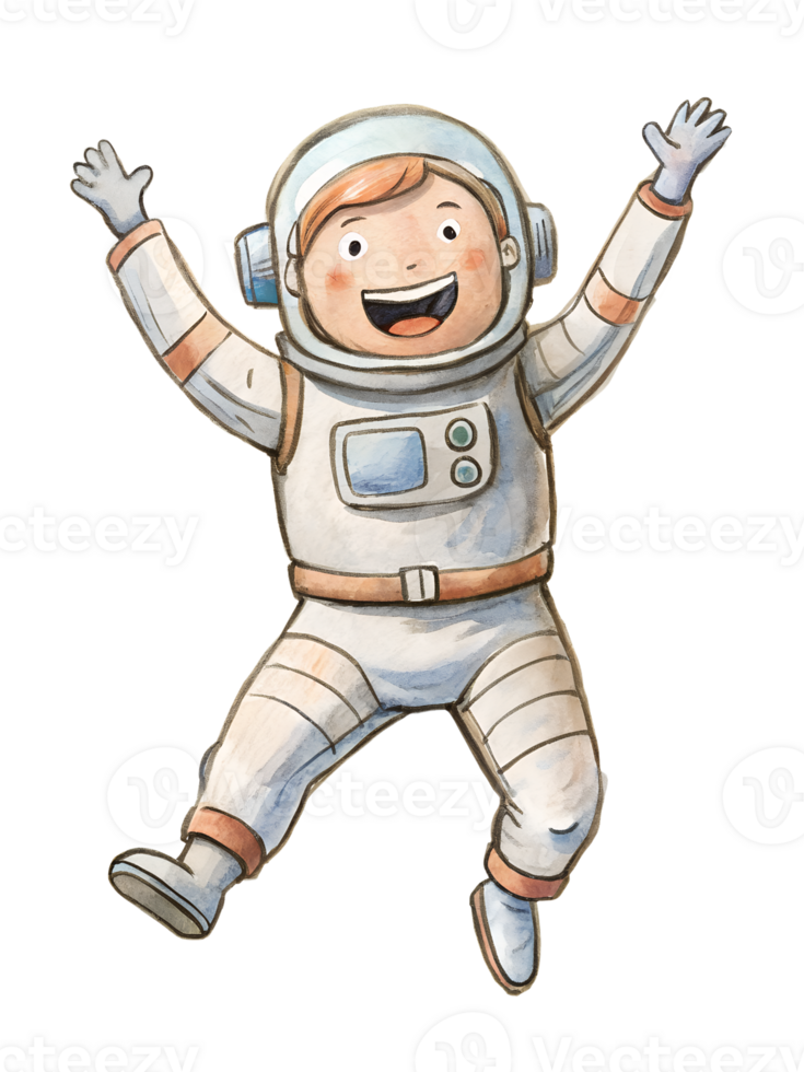 Illustration style drawing A young man in an astronaut suit jumps with joy png