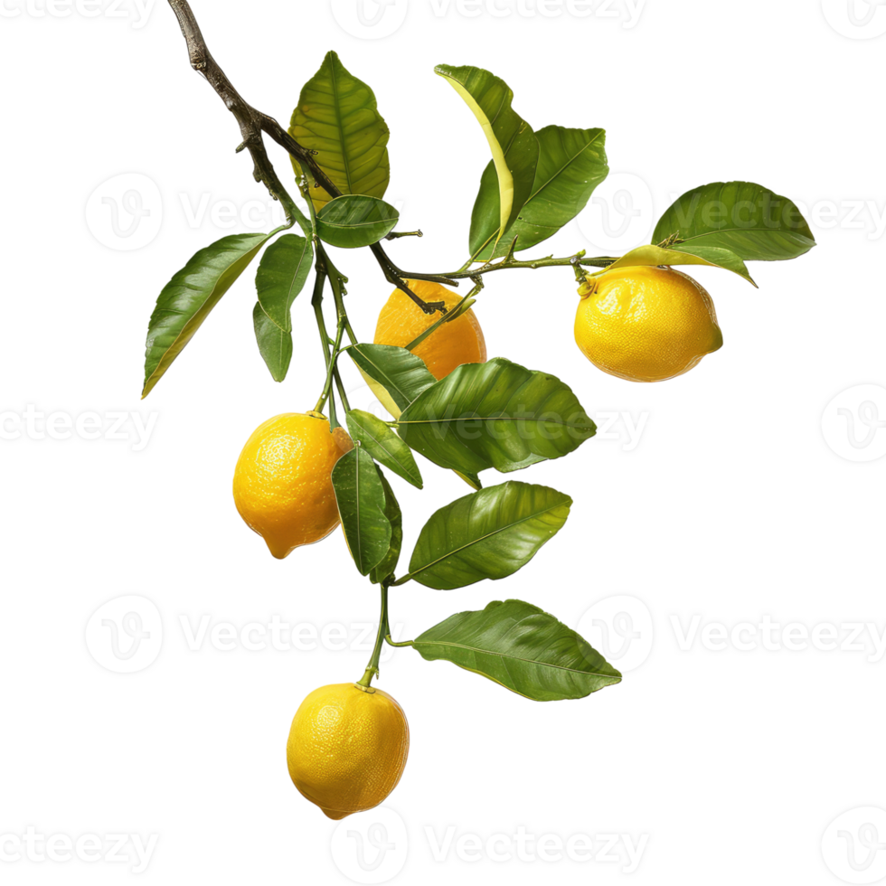 lemons with branch, close up shot without background png