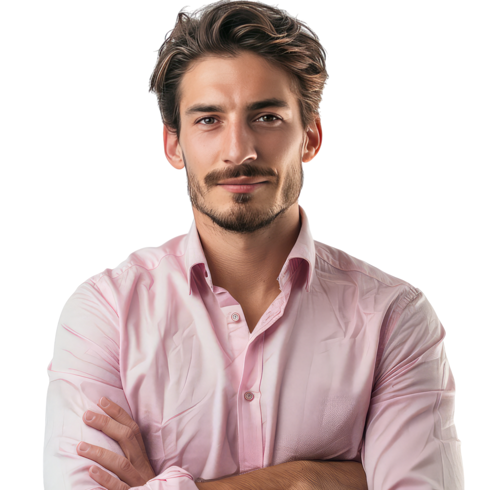 An Asian man with closed arms in pink dress with isolated on transparent background cut out png