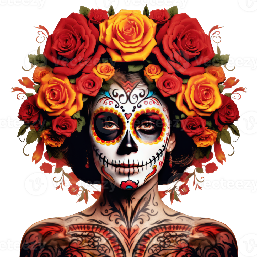 Detailed skull face paint for Day of the Dead celebrations isolated on Transparent background png