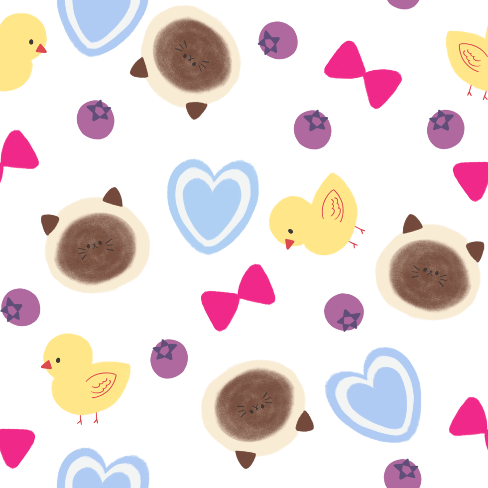 Seamless pattern with cat, baby chicken cute and heart with ribbon with blueberry on white png