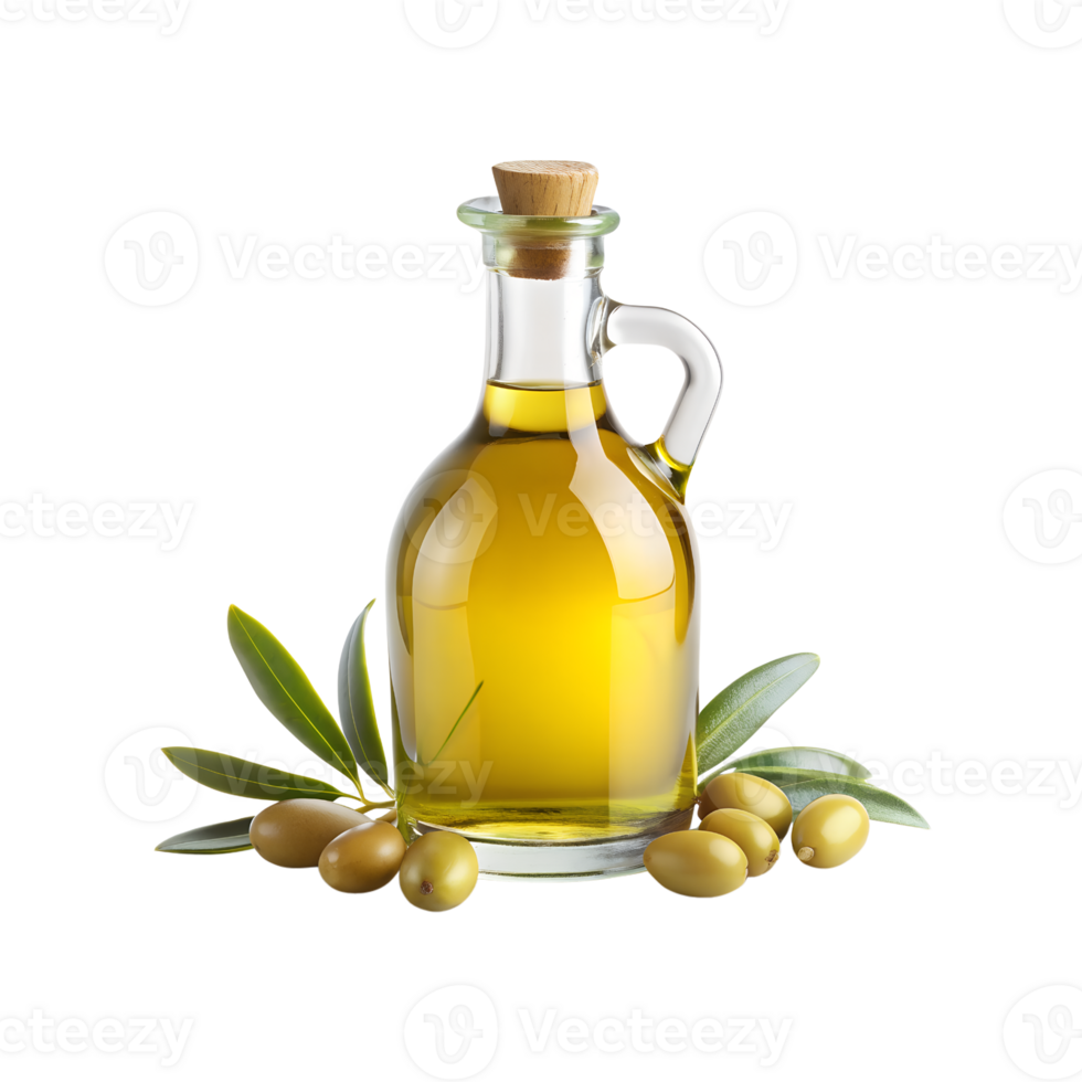 a bottle of olive oil sits next to a bunch of olives. png