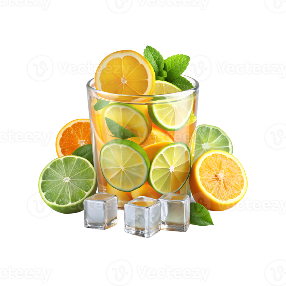 a picture of lemonade and lemons with mint leaves. png