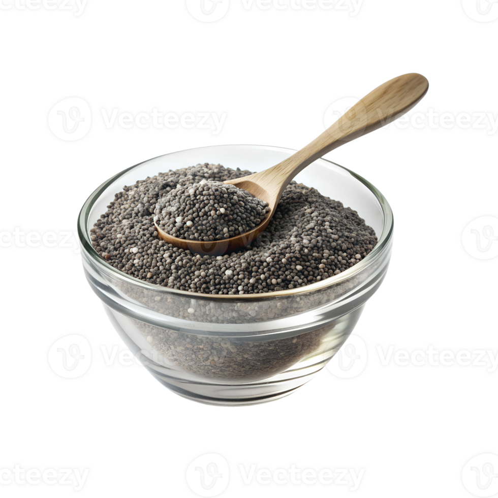 chia seeds in a bowl and spoon on a transparent background png