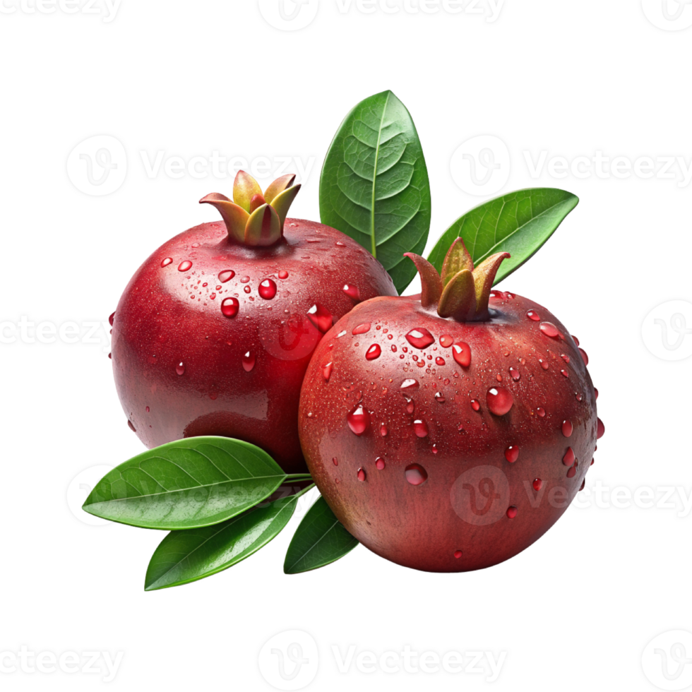 two pomegranates with water drops of green leaves png