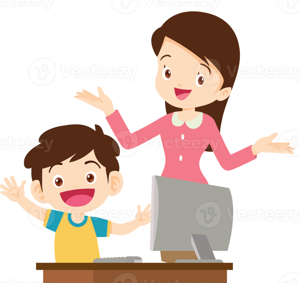 happy teacher and student learning computer png