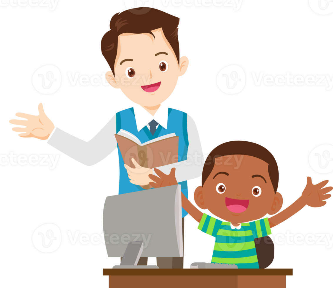 happy teacher and student learning computer png