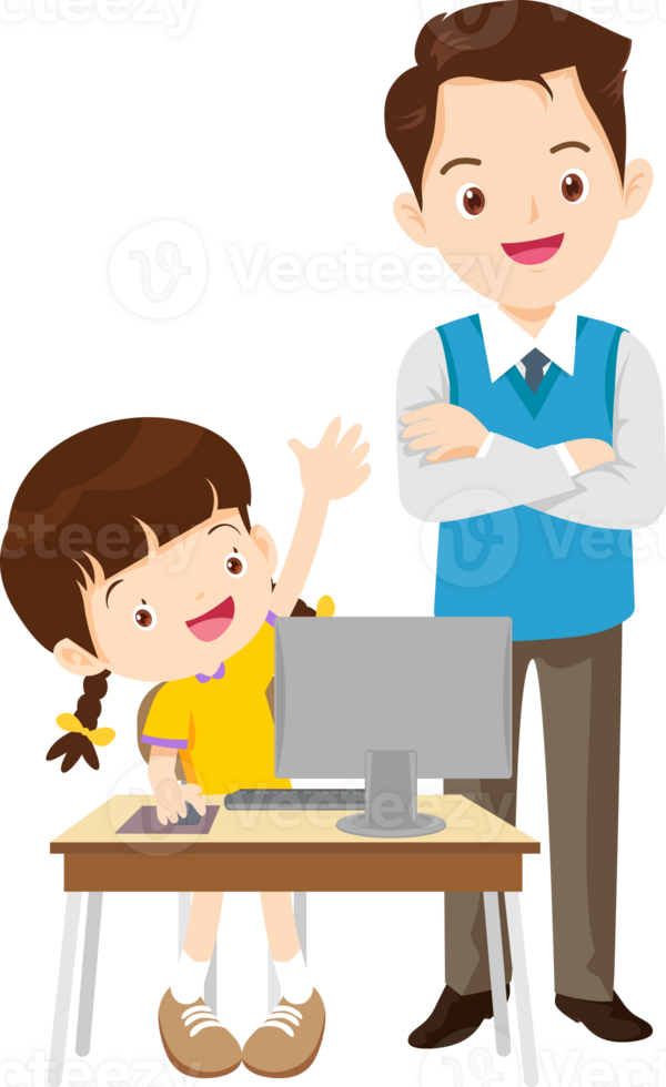 happy teacher and student learning computer png