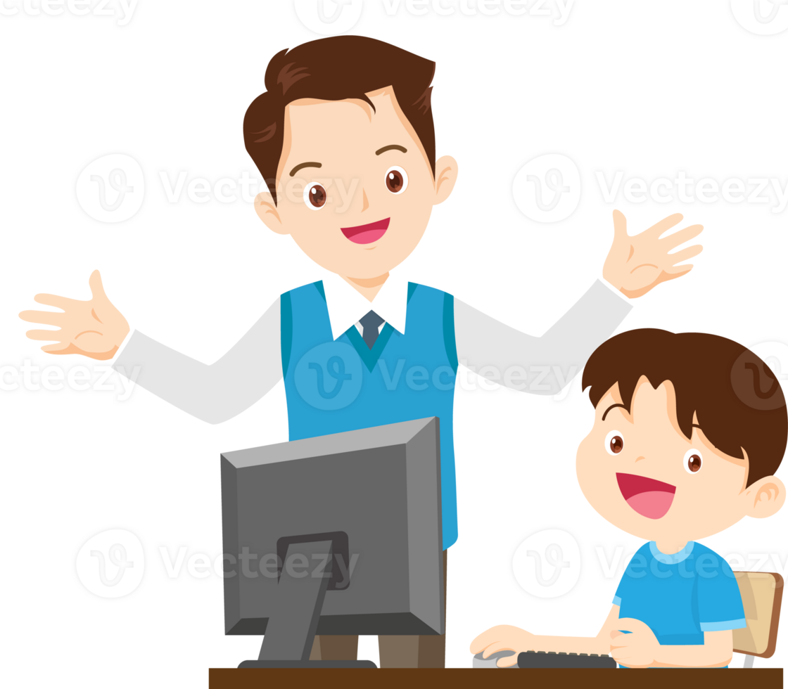 happy teacher and student learning computer png