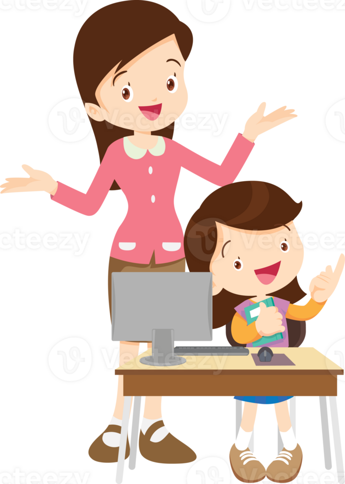 happy teacher and student learning computer png
