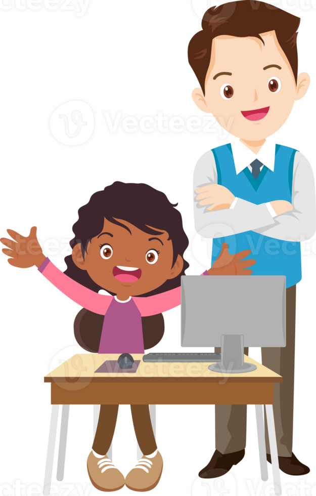 happy teacher and student learning computer png
