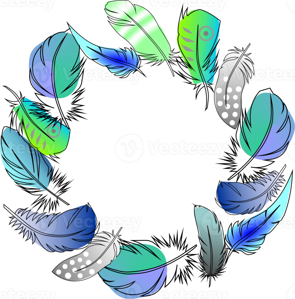 round frame of colorful bird feathers without background, decorative element, border png