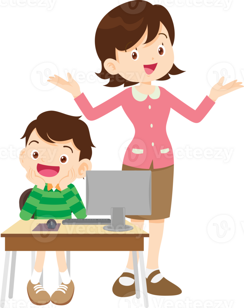 happy teacher and student learning computer png