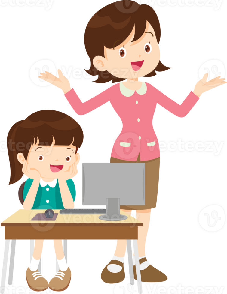 happy teacher and student learning computer png